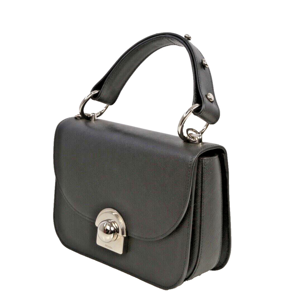 PRADA Arcade Black Glace Saffiano Leather Flap Satchel Bag